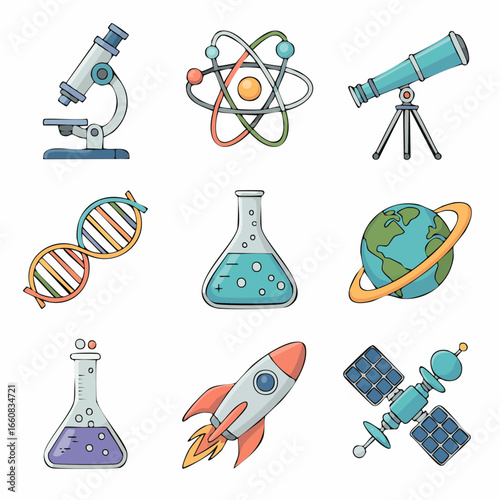 A collection of colorful cartoon icons representing various fields of science and technology.
