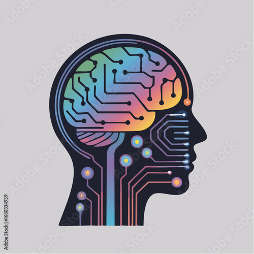 Stylized human head silhouette with a vibrant, colorful circuit board and neural network design representing artificial intelligence and digital thought.