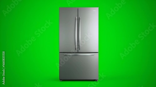 Modern stainless steel refrigerator appliance isolated on vibrant green background