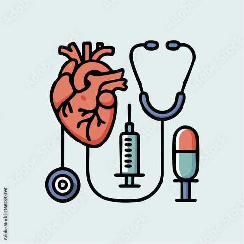 Illustration of a human heart with a stethoscope, syringe, and pill, representing medical care.