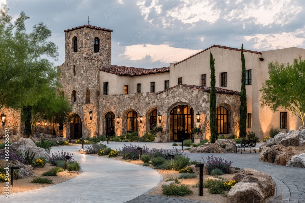 Fototapeta premium Premium Elegant Golf Clubhouse Exterior at Sunset Modern Luxury Sports Venue for Upscale Lifestyle Marketing and Professional Recreation Content