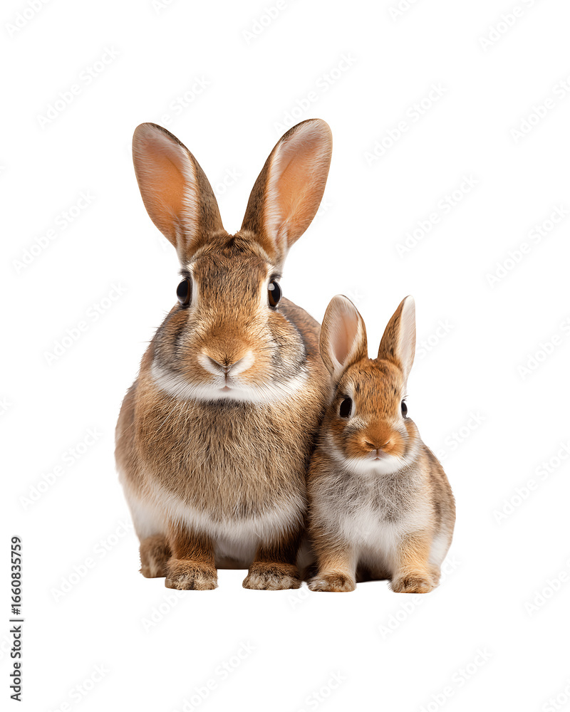 Fototapeta premium A mother rabbit and her baby sitting together, facing forward