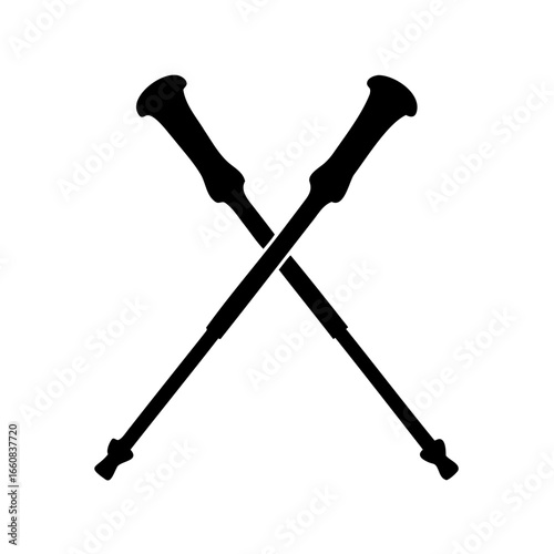 Silhouette of crossed walking sticks symbol - Black silhouette illustration of two crossed walking sticks, representing mobility support, elderly care, medical aid, balance, and traditional accessorie