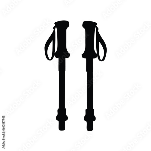 Silhouette of trekking poles walking sticks - Black silhouette illustration of two upright trekking poles, symbolizing hiking gear, outdoor adventure equipment, stability, balance, and mountain walkin