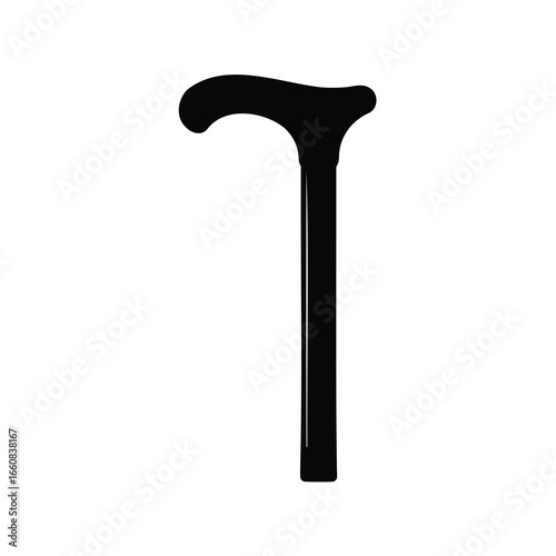 Walking Cane Silhouette Vector Icon – Mobility Aid Stick for Elderly & Disabled - Black silhouette of a walking cane vector icon. Mobility aid stick with curved handle used for elderly, disabled, and 
