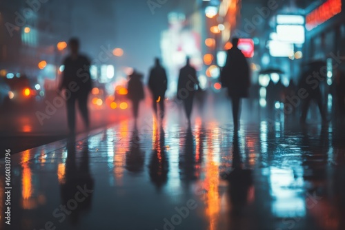 Wallpaper Mural People Walking in a City Street During Rainy Night with Reflections and Bright Lights in the Background Torontodigital.ca