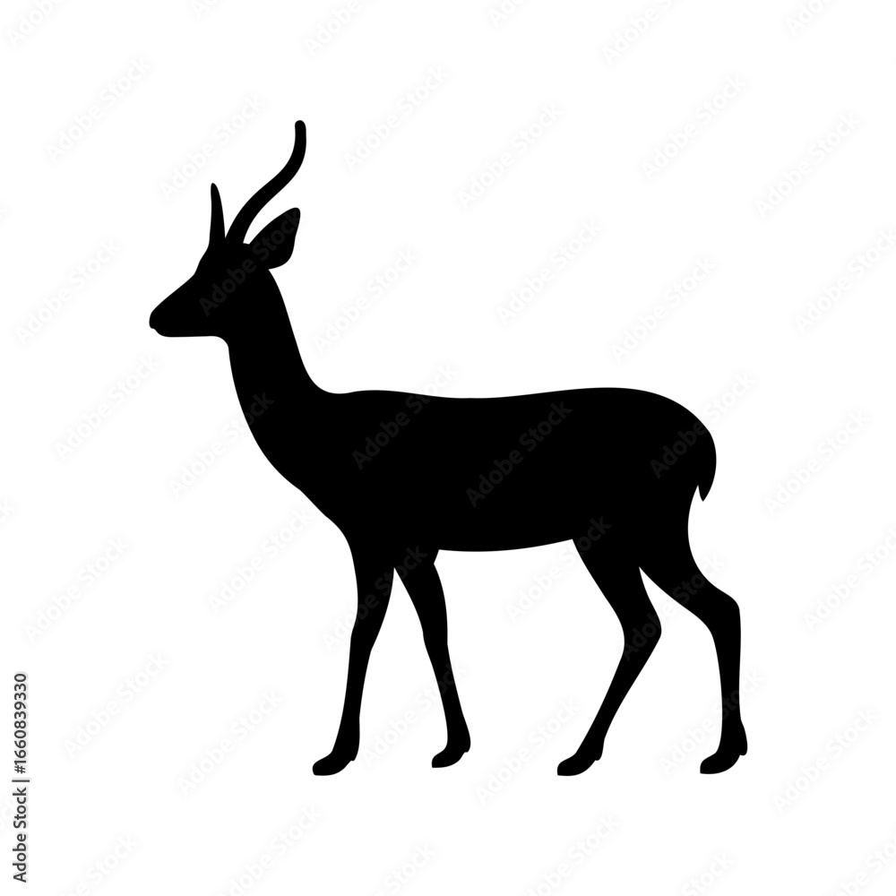 Fototapeta premium Antelope or Deer Silhouette Icon - Black silhouette of an antelope or young deer with antlers, symbolizing wildlife, safari animals, hunting, rustic nature, and outdoor wilderness themes. 