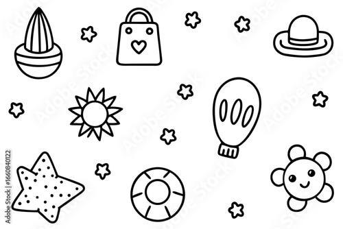 Summer fun outlined icons creating a playful vacation theme for kids projects, ideal for summer camp brochures or beach themed party invitations, evoking joy and relaxation