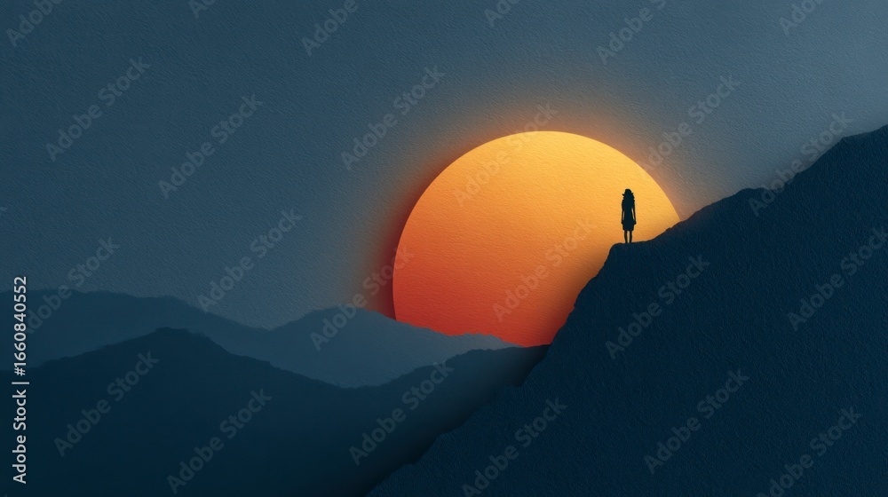 Obraz premium Silhouette of a person standing on a mountain ridge against a large setting sun