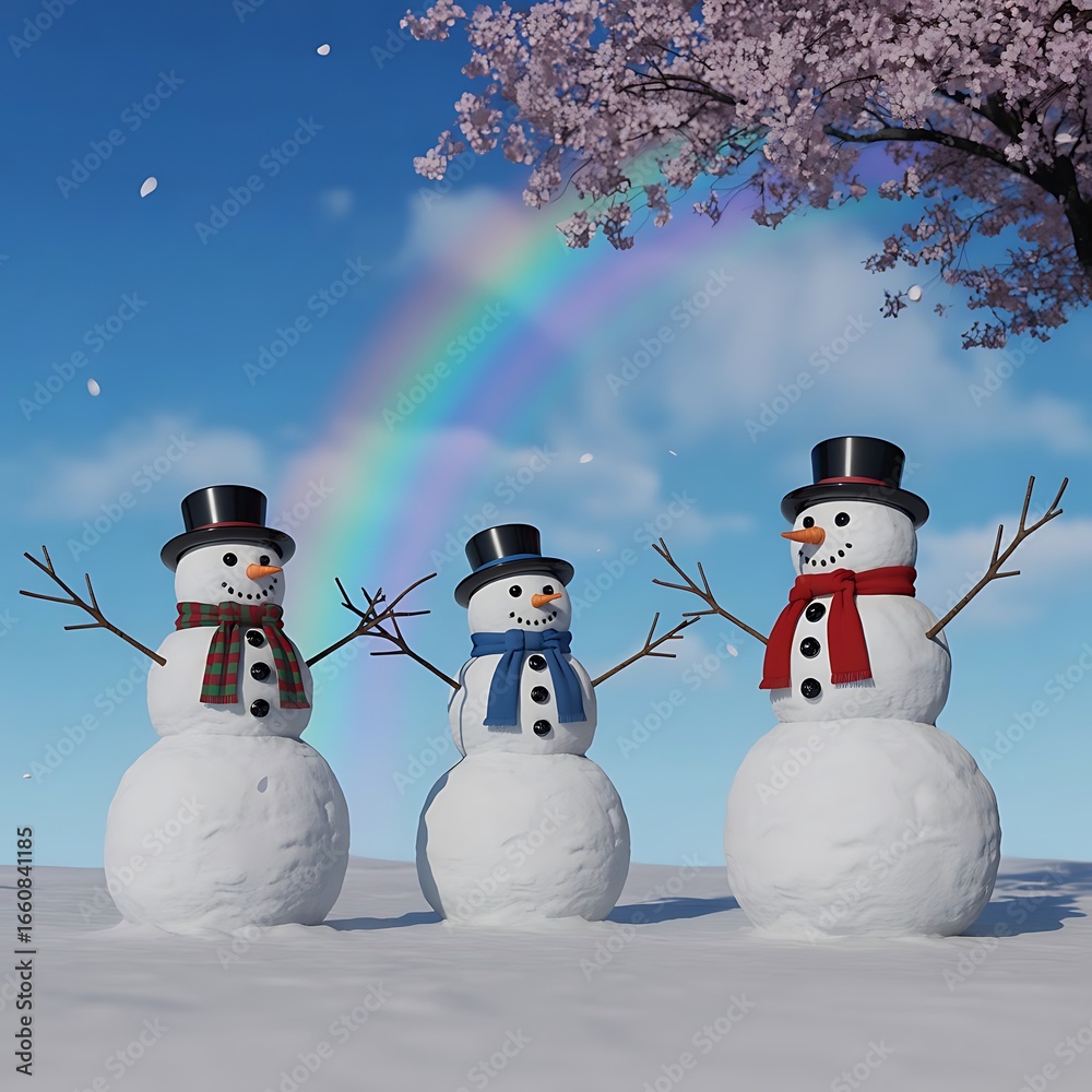 Obraz premium Three snowmen with hats and scarves