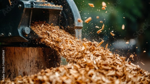 The stump grinder transforms landscape waste into mulch.