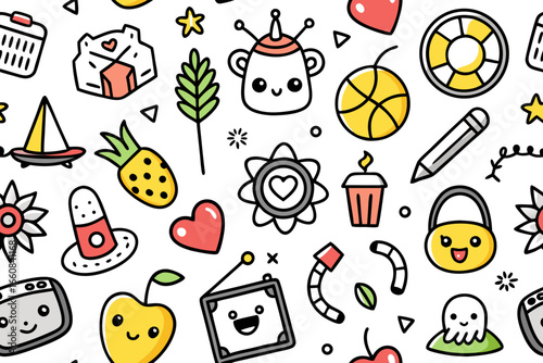 Playful doodle pattern bursting with summer fun and whimsical charm for creative projects, showcasing hearts, fruit, and playful characters in a cute, colorful design, originally a vector graphic