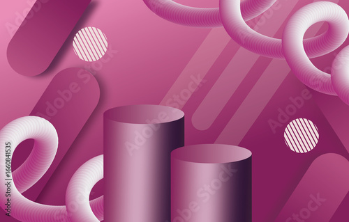 Abstract modern pink 3D geometric background with cylinders, gradient shapes, dynamic tubes, and futuristic minimalist design for creative digital templates