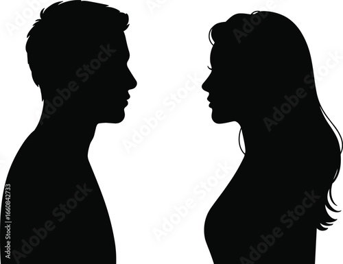 Black and white silhouette of two people facing each other, male short hair, female long hair, minimalist profile portrait illustration