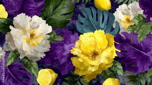 Vibrant tropical floral pattern with lush green leaves and sliced lemons