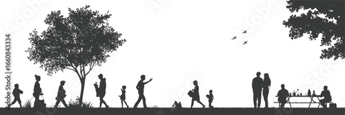 Black and white park silhouette with people walking, couple standing, picnic table gathering, flying birds, large trees, community leisure outdoor scene