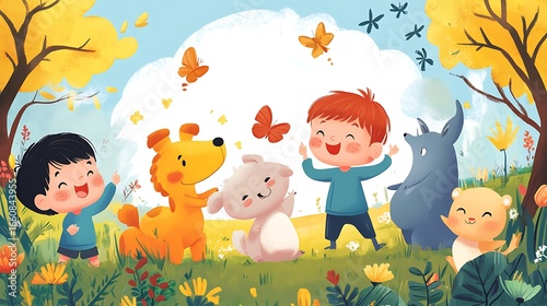 Children playing outdoors with animals