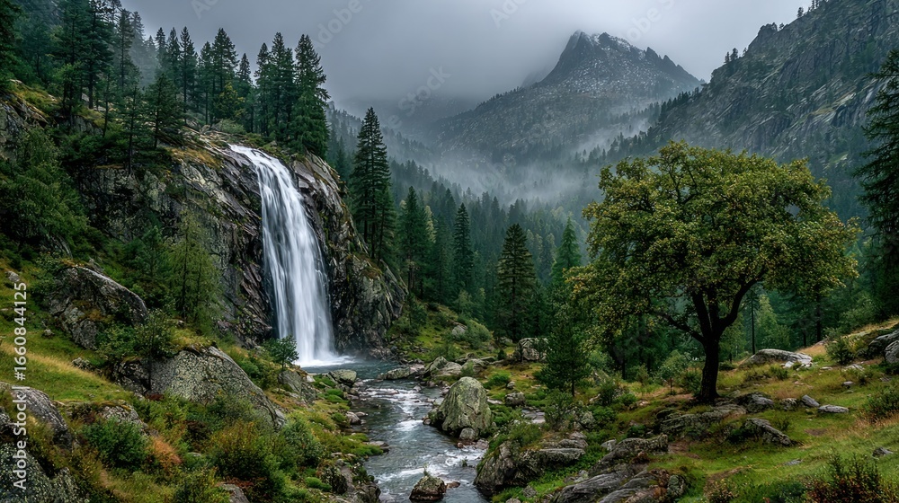 custom made wallpaper toronto digitalA powerful waterfall cascading down the middle of a rugged mountain, surrounded by rocky cliffs and mist