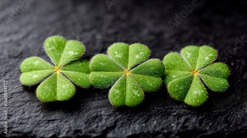 Three fuzzy green clover leaves with white speckles rest on a textured black surface