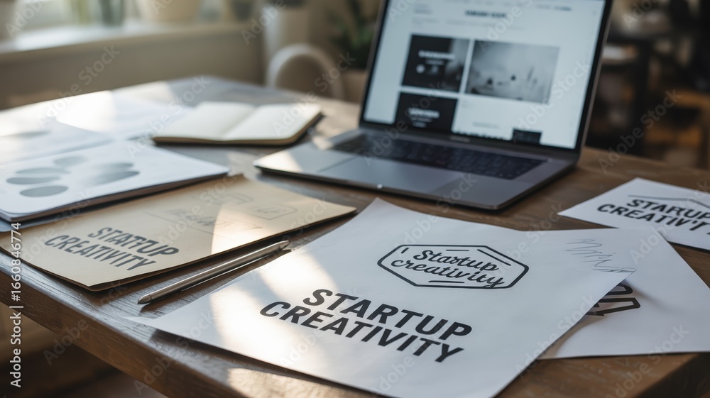 Obraz premium personal branding startups concept. Workspace featuring laptop and creative materials for startup projects.