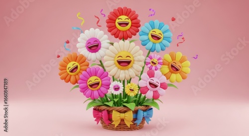 Joyful cartoon flowers with happy emoji faces bloom in a decorated basket, spreading vibrant cheer and celebration with confetti.