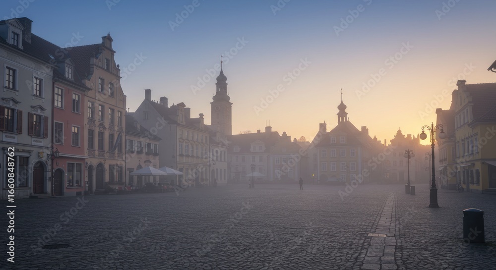 Obraz premium Misty Sunrise over a Historic European Town Square