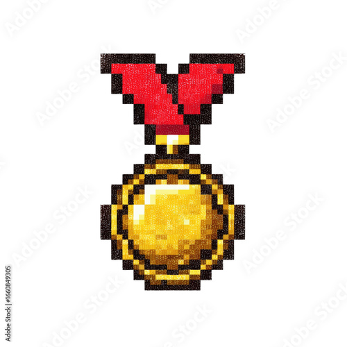 Pixel Art Gold Medal with Red Ribbon -