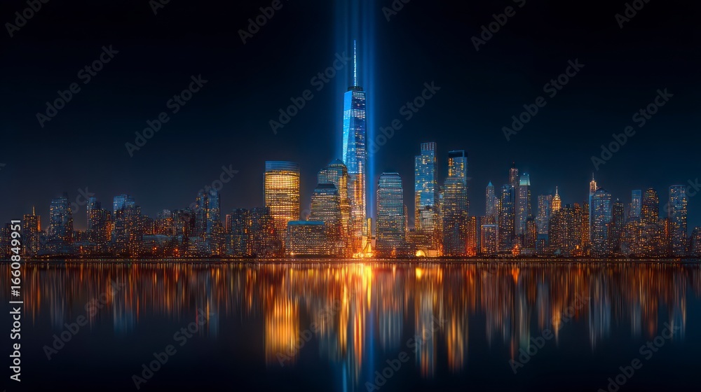 Fototapeta premium Illuminated cityscape at dusk with skyscrapers reflecting in dark water