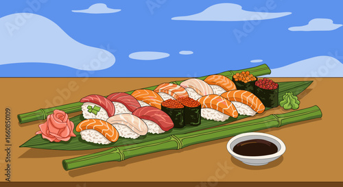 A platter of sushi on a bamboo mat with soy sauce and sky
