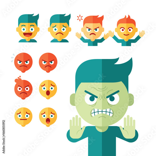 A modern flat design vector illustration of a disgusted cartoon character. This set of emotions and expressions also includes happy, sad, angry, and surprised emoticons.