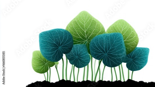 A cluster of round leaves in varying shades of green and teal emerges from dark soil
