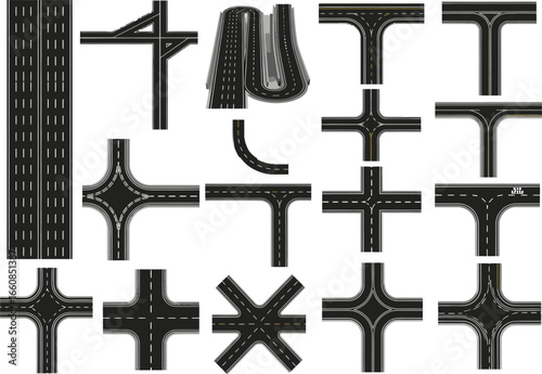 Collection of diverse road intersection and highway junction elements for creating custom street layouts and urban planning simulations