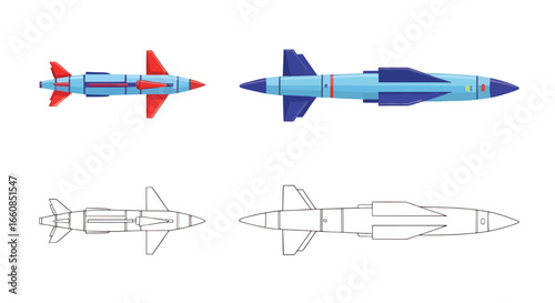 Illustration of two missiles in color and outline, showcasing weapon design.