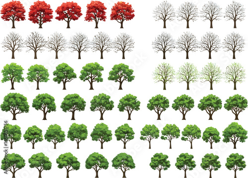 Collection of miniature model trees in various stages of seasonal change and leaf density for architectural landscaping and dioramas
