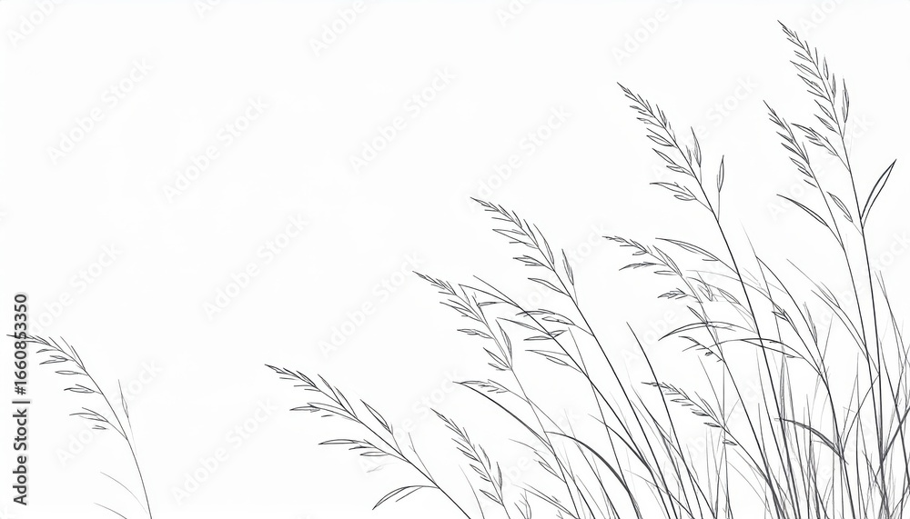 Obraz premium Minimalist black and white illustration of delicate grass blades swaying in the breeze with subtle shadows and fine details on a clean background