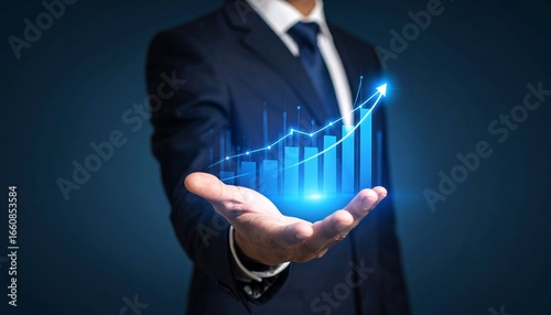A man in a suit has one hand outstretched against a dark background, with a glowing, rising blue line chart on his hand