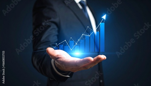 A man in a suit has one hand outstretched against a dark background, with a glowing, rising blue line chart on his hand