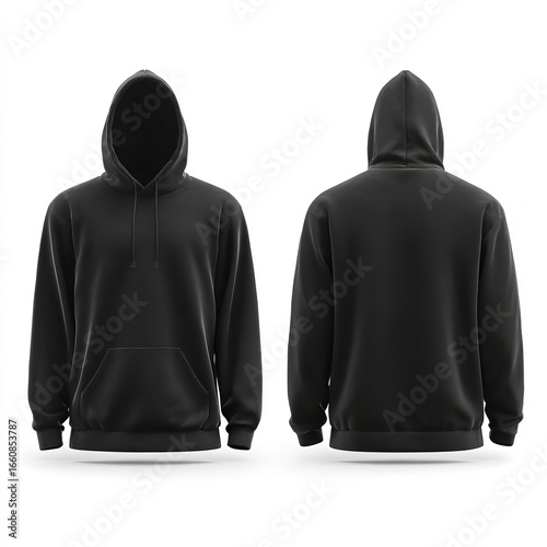 Set of black hoodie mockups showing front and back views on white background