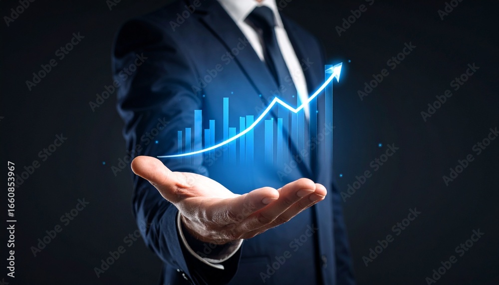 Obraz premium A man in a suit has one hand outstretched against a dark background, with a glowing, rising blue line chart on his hand