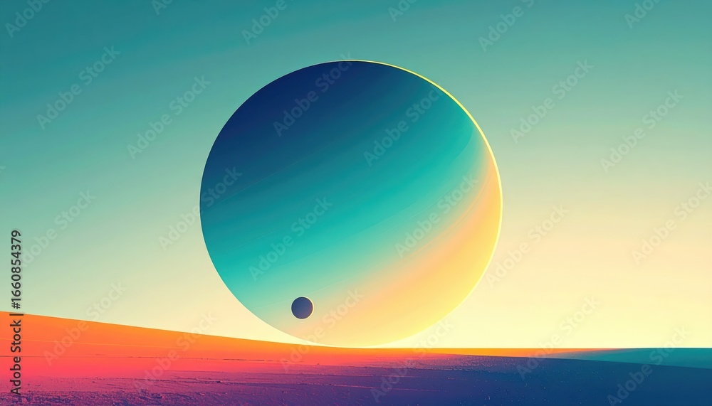 Obraz premium Surreal planetary landscape featu a large colorful planet with a smaller moon or planet against a vibrant sunset sky with gradient hues and atmospheric effects