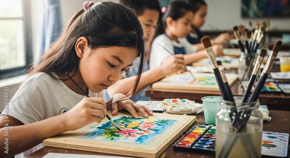 Fototapeta premium Focused Asian little girl painting colorful flowers with watercolors during an art class. Children learning creative skills in a school workshop.