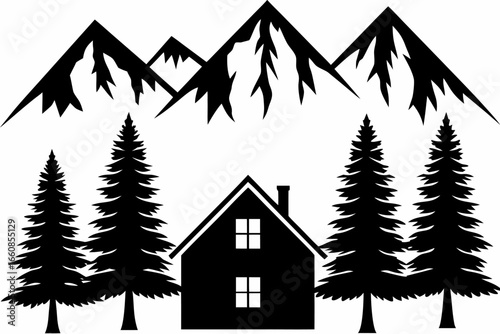 A house with pine trees and mountains in the background silhouette style