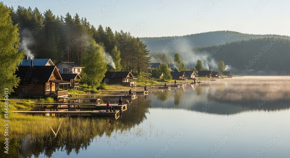 Fototapeta premium Tranquil Lakeside Village: Morning Mist, Fishing, and Rustic Cabins.