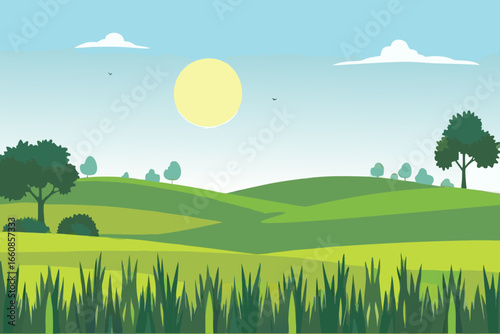 A serene landscape with rolling hills and trees under a sunny blue sky