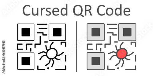 QR code icon with crawling spider, Cursed QR Code, designed for Halloween online safety, spooky tech security, and haunted digital designs.