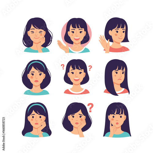 Collection of diverse young women expressing various emotions and feelings throughout the day