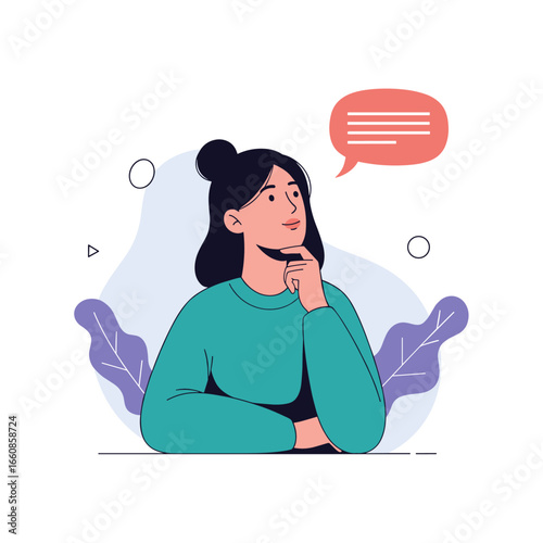 A young woman deeply contemplating her thoughts with a speech bubble indicating communication