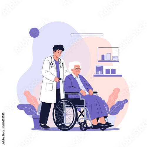 Caring doctor assists elderly patient safely transported in wheelchair for medical treatment