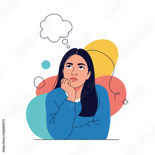 Pensive young woman contemplating ideas with thought bubble above her head