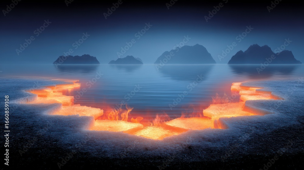 Fototapeta premium Fiery ice formations melt in calm water with distant mountainous islands under a dusky sky